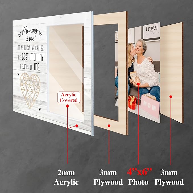 4x6 Covered Mommy and Me Picture Frame Portrait with Keychain, I'm as Lucky as Can Be Wooden Photo Plaque Appreciation Mothers Day Birthday Gifts for New Mom Grandma Nana from Son Daughter HU-FR323