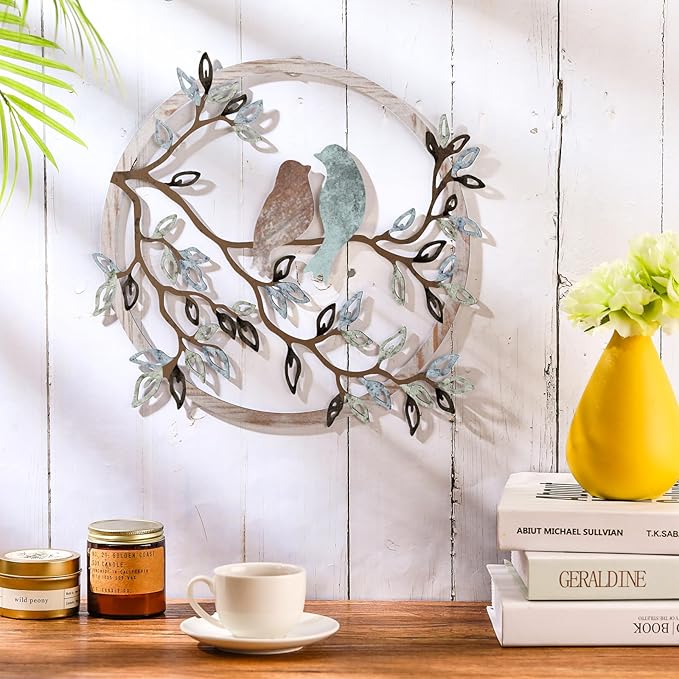 Ferraycle Metal Wall Art Bird on Tree Branch Silhouette Bird Art Decor for Living Room Garden Bedroom Office Home Wall Housewarming Party Decor(Fresh Color)