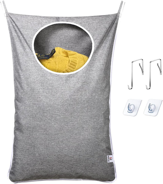 KEEPJOY Hanging Laundry Hamper Bag with Free Adjustable Stainless Steel Door 2 PCs Suction Cup Hooks, Best Choice for Holding Dirty Clothes and Saving Space, Grey - NestledHome