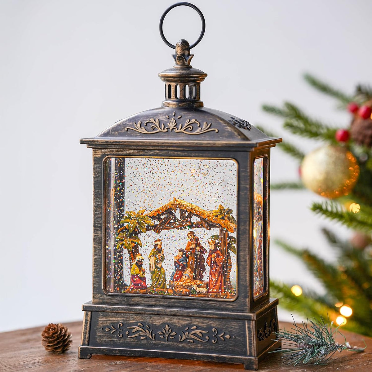 12.5'' Christmas Snow Globe Lighted Manger Nativity Scene, Musical Water Lantern Play Silent Night Music in Swirling Glitter, for Home, Battery Operated or USB Powered