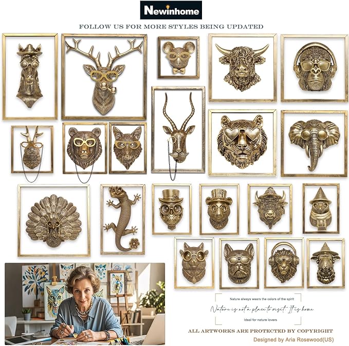 Animal Heads Wall Decor ( Includes Metal Frame) Christmas Indoor Decor Resin Animals Sculptures Head Wall Hanging Thanksgiving Decoration Gold vintage Wall Sculpture for Living Room Bedroom Office(Turkey)