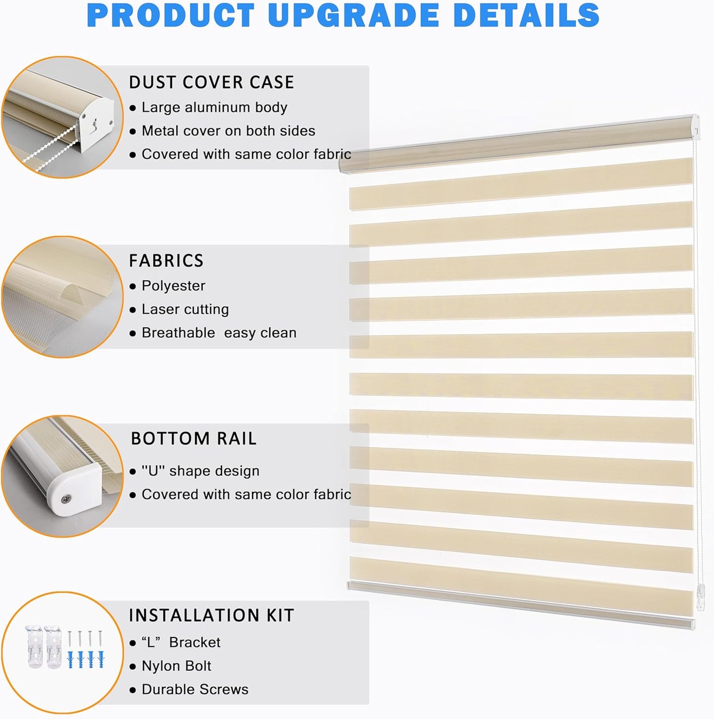 Custom Zebra Blinds for Windows, Free-Stop Zebra Shades, Dual Layer Light Filtering Sheer Blinds for Indoor Windows, Roller Window Shades for Privacy (20" W X 72" H, Cream)
