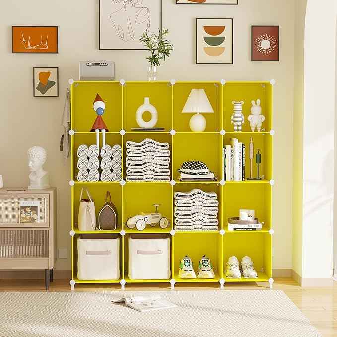 AWTATOS Cube Storage Organizer, Storage Cubes Shelves, 16 Cube Closet Organizers and Storage, DIY Stackable Bookshelf Plastic Clothes Organizer Shelving for Bedroom, Home, Yellow