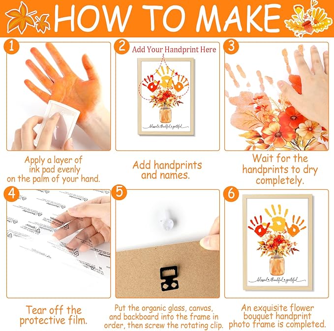 Fall Thanksgiving Flower Bouquet Handprint Art Craft DIY Kit Thanksgiving Day Family Handprint Bouquet in Vase Keepsake with Wood Frame Fall Thankful DIY Gifts for Mom Dad Holiday Birthday 12x16 Inch