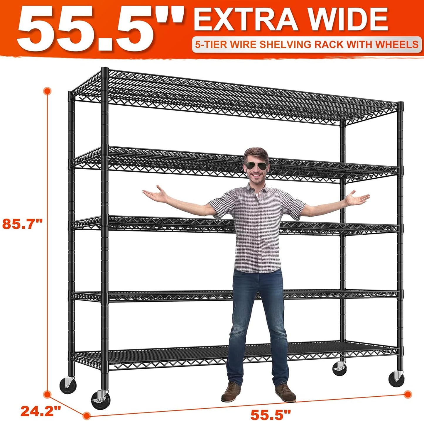 REIBII 85.7" H Storage Shelves 2998LBS Metal Shelving Unit with Wheels & Feet, 5 Tier Garage Shelving Heavy Duty Adjustable Wire Shelf for Pantry Kitchen Garage, 85.7" H X 55.5" W X 24.2" D, 2PCS - NestledHome