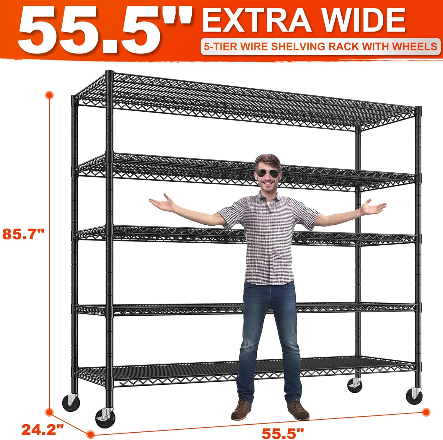 REIBII 85.7" H Storage Shelves 2998LBS Metal Shelving Unit with Wheels & Feet, 5 Tier Garage Shelving Heavy Duty Adjustable Wire Shelf for Pantry Kitchen Garage, 85.7" H X 55.5" W X 24.2" D, 2PCS - NestledHome