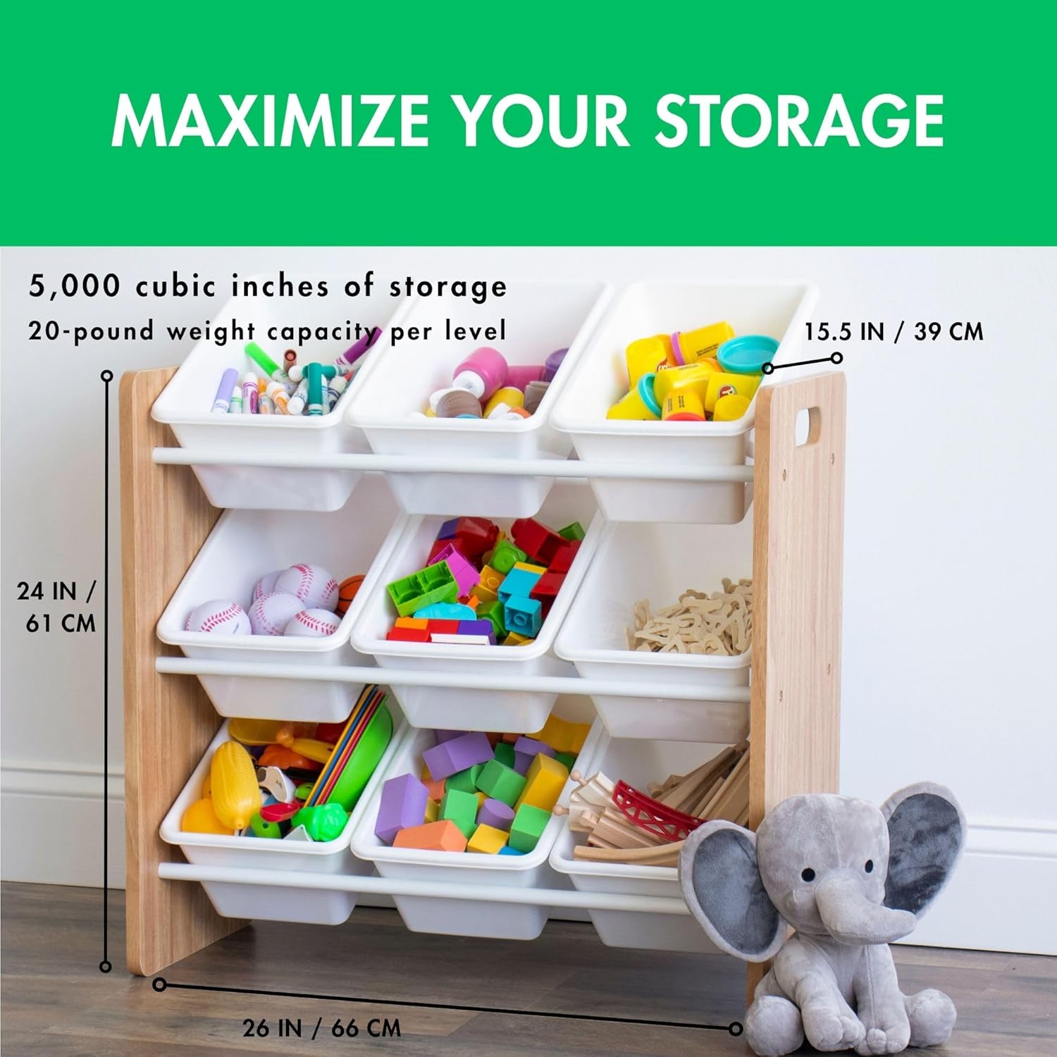 Humble Crew 9-Bin Toy Organizer – Journey Natural Wood with White Plastic Bins, 3-Tier Storage Solution for Kids' Playrooms and Nurseries - NestledHome