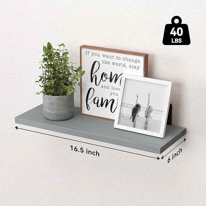 WOPITUES Wood Floating Shelves Set of 6, Shelves for Wall Decor, Farmhouse Shelf for Bedroom, Bathroom Storage Shelves, Book Shelves for Living Room-Grey