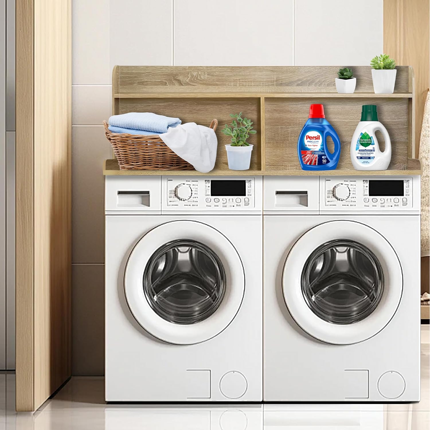 Royxen 2-Tier Washer Dryer Countertop,19.5"H Wood Washer and Dryer Topper with Shelf,Laundry Countertop Over Washer and Dryer, Universal Fit for Laundry Room Organization (White Oak, 54"W X 27.5"D) - NestledHome