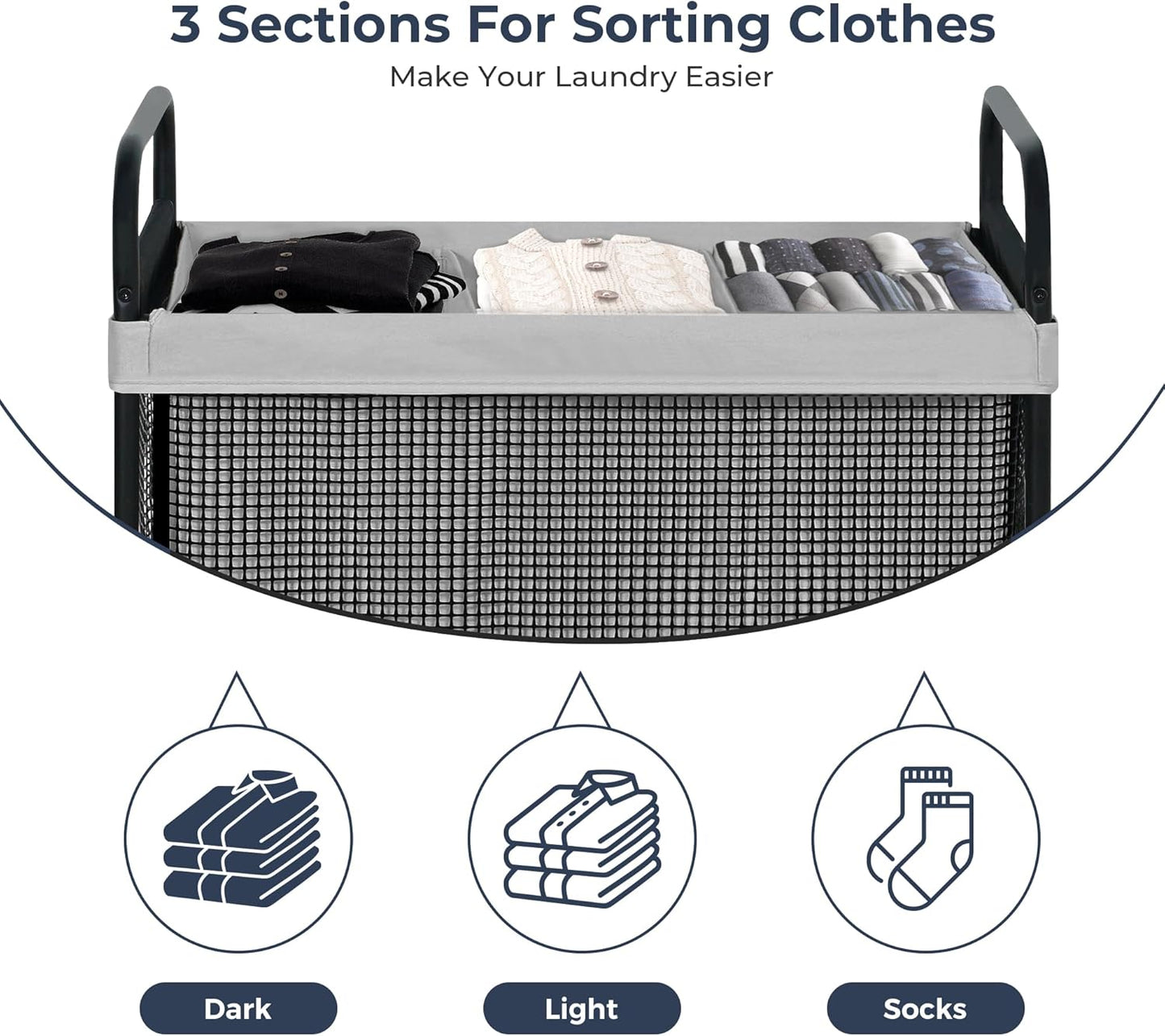 STO STO Laundry Hamper 3 Section, 120L Rolling Laundry Sorter Cart with Removable and Washable Liner Bag, Rolling Clothes Hamper with Metal Handle for Laundry Room and Bedroom, Gray - NestledHome