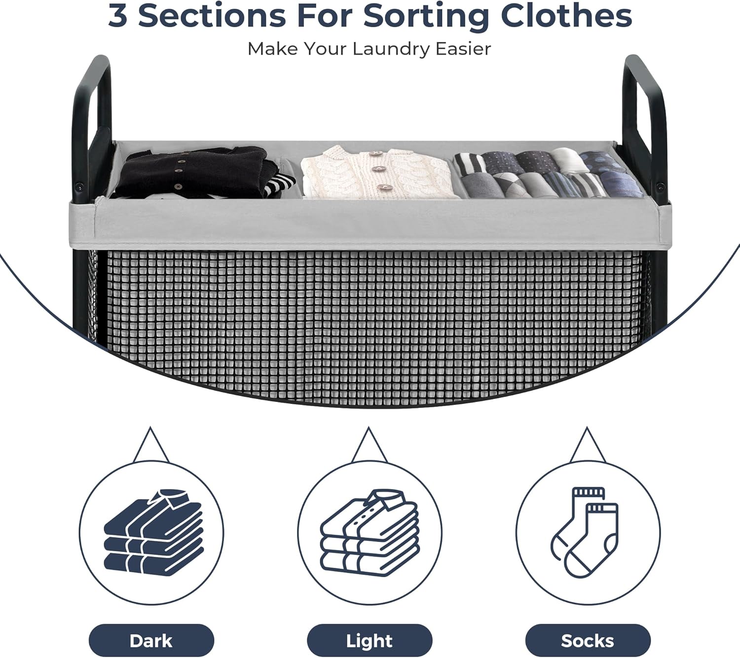 STO STO Laundry Hamper 3 Section, 120L Rolling Laundry Sorter Cart with Removable and Washable Liner Bag, Rolling Clothes Hamper with Metal Handle for Laundry Room and Bedroom, Gray - NestledHome