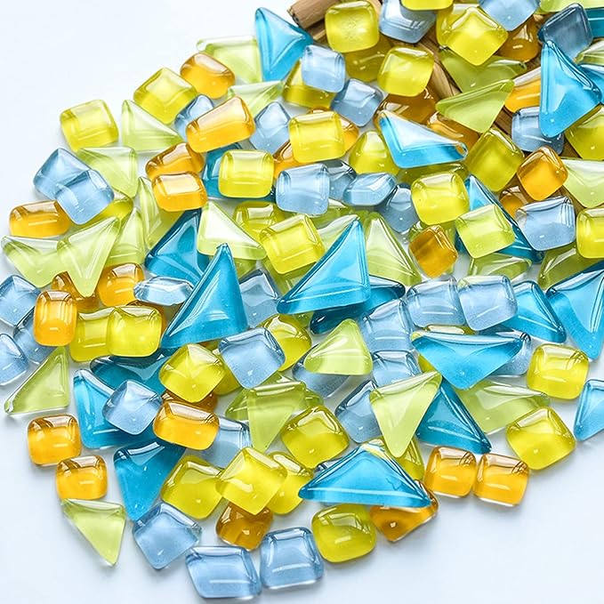 Glass Mosaic Tiles for Crafts, Square Triangle Rectangle Shape Mosaic Pieces for Craft Supplies (Irregular Size,200g) (Yellow Blue Mix)