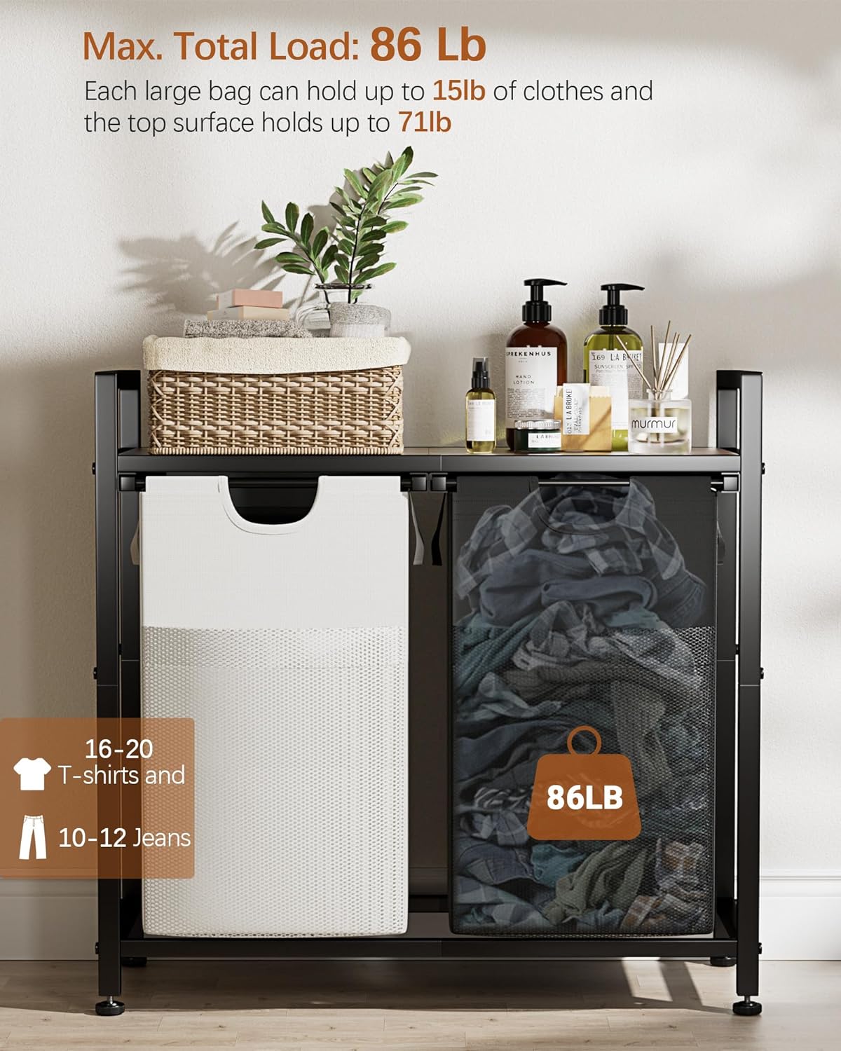 Lulive Double Laundry Hamper, Multifunctional Basket Organizer, 112L Laundry Sorter with Removable Bags and Fabric Handles, Large Top Shelf Laundry Bag for Bathroom, Dorm, Laundry Room - NestledHome