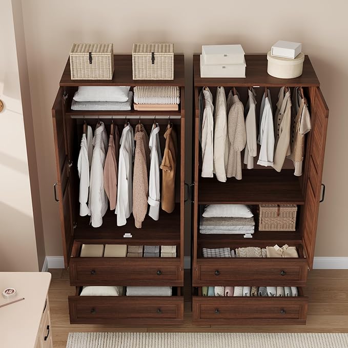 GarveeHome Armoire Wardrobe Closet with 2 Drawers,72 in Wooden Wardrobe Cabinet with Hanging Rod, Tall Clothing Armoire Cabinet with Doors and 18 Adjustable Shelves for Bedroom, Clothes,Walunt Brown
