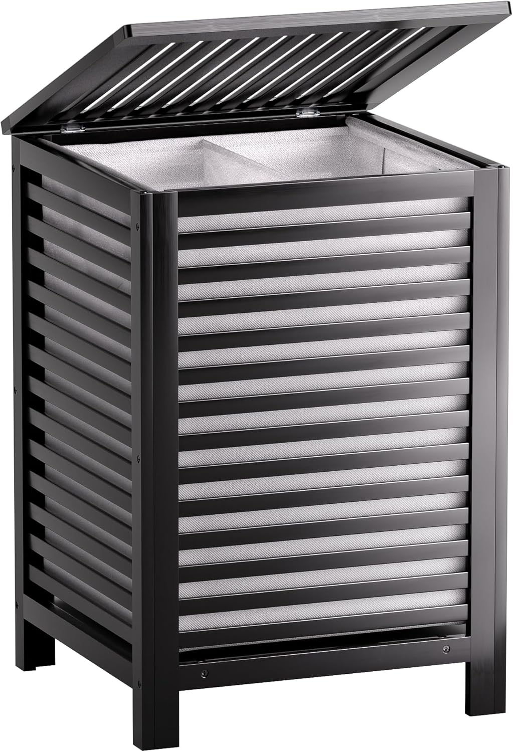 SMIBUY Double Laundry Hamper with Lid, 120L Bamboo Laundry Basket with Removable Liner Bag, 2-Section Clothes Divider Laundry Sorter for Laundry Room, Bathroom, Bedroom (Black) - NestledHome