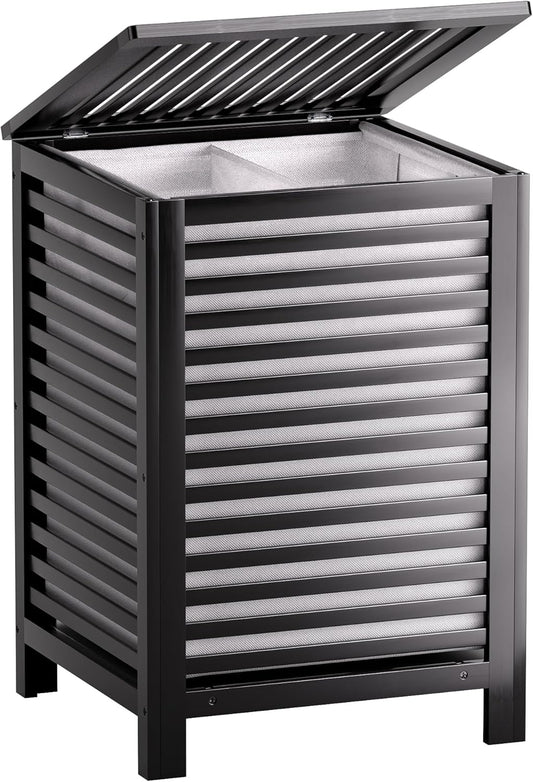 SMIBUY Double Laundry Hamper with Lid, 120L Bamboo Laundry Basket with Removable Liner Bag, 2-Section Clothes Divider Laundry Sorter for Laundry Room, Bathroom, Bedroom (Black) - NestledHome
