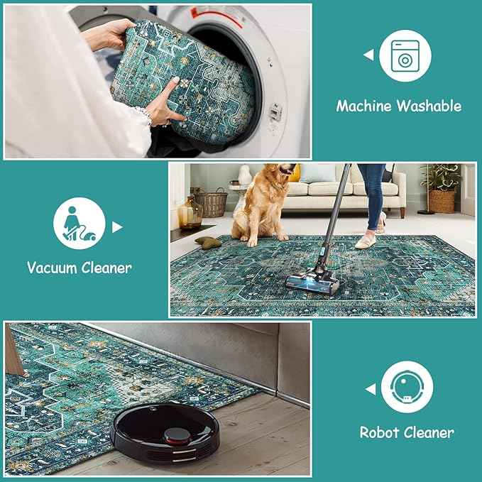 Moynesa Ultra-Thin Washable Runner Rug - 2'6" x 10' Teal Runners for Hallways Stair Carpet Runner, Oriental Non Skid Non Shedding Low Pile Kitchen Mat for Bedroom Mudroom Hardwood Floor