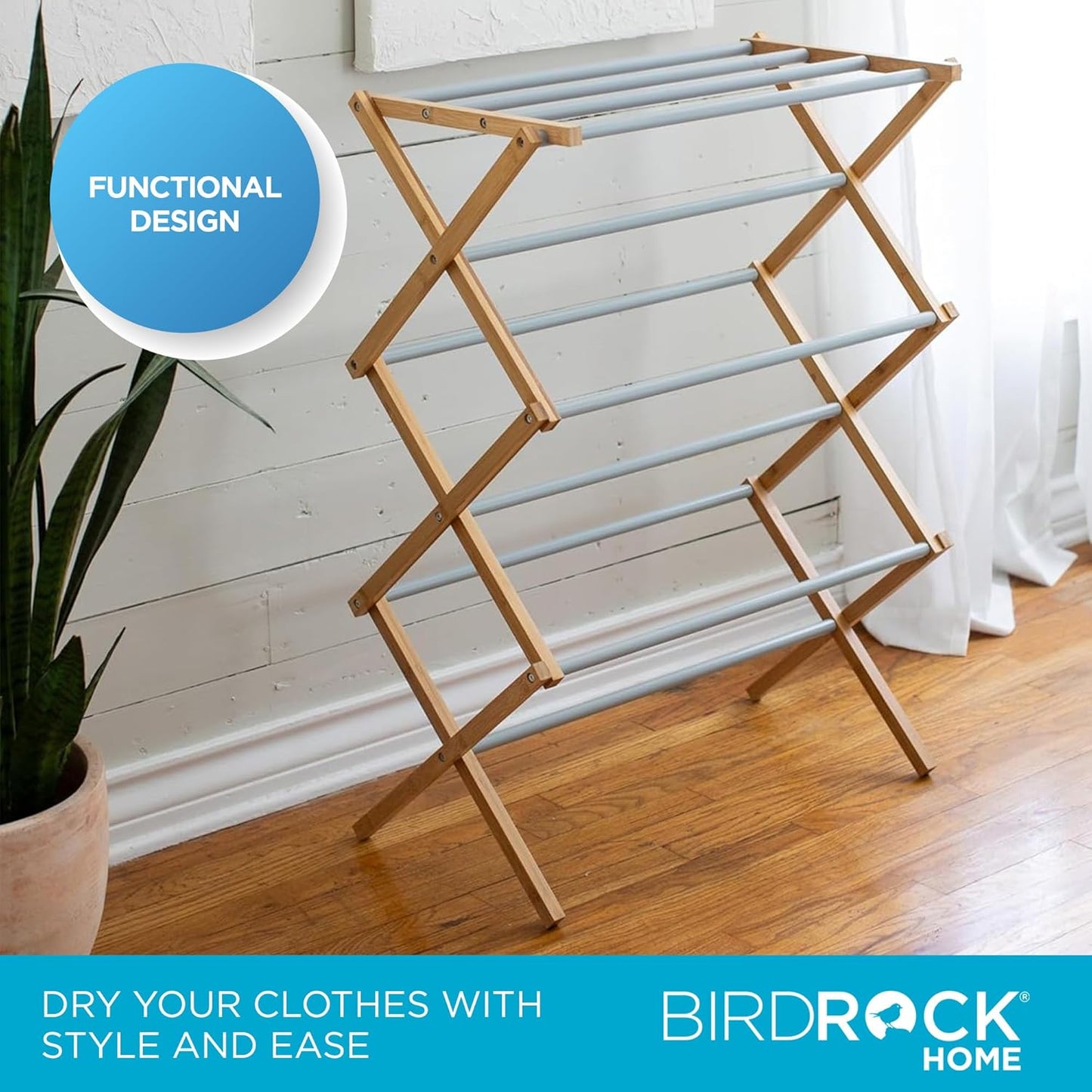 BirdRock Home Wooden Clothes Drying Rack | 3-Tier Foldable Bamboo Laundry Stand | Water-Resistant, Fully Assembled, Collapsible Indoor/Outdoor Dryer for Hanging Clothes | Grey - NestledHome
