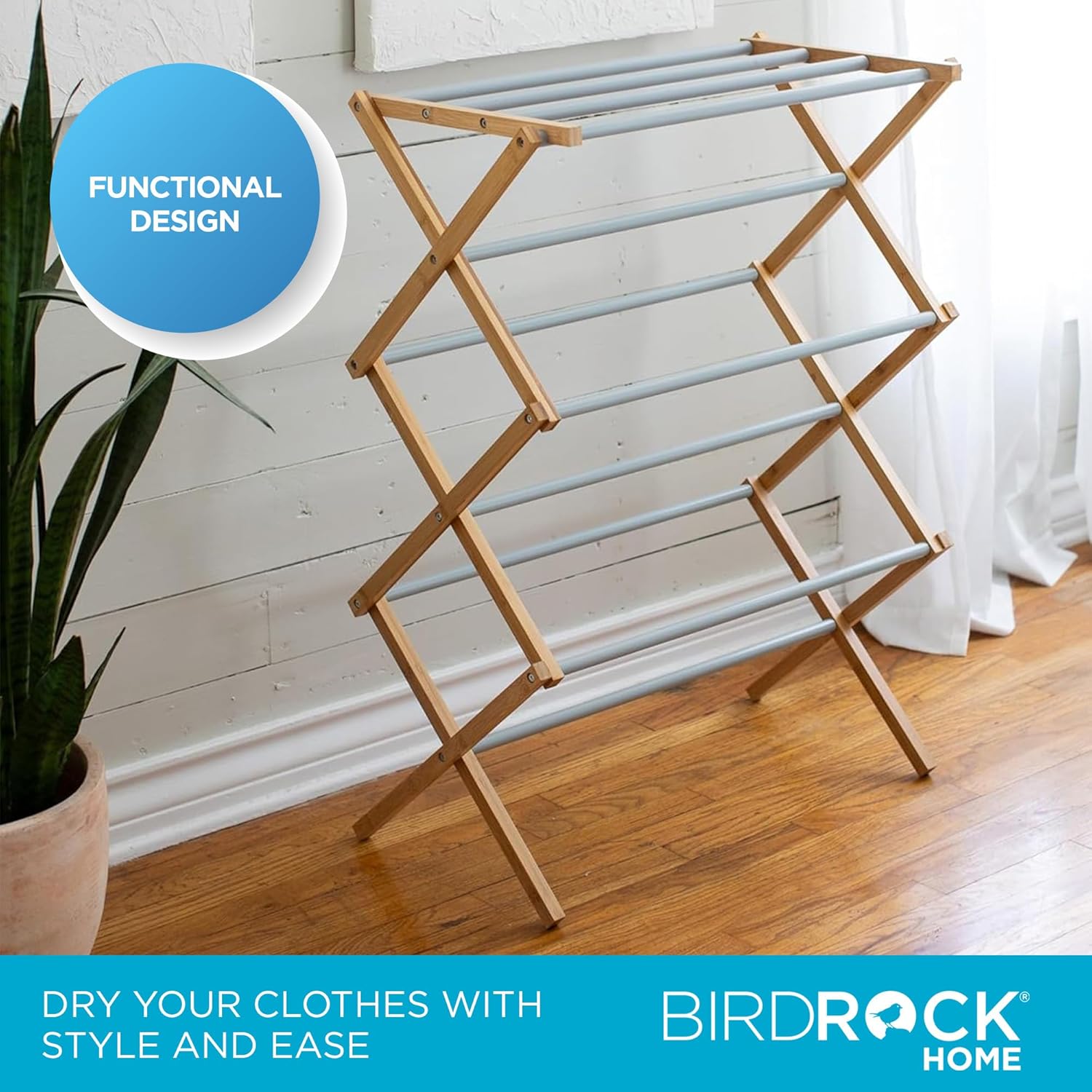 BirdRock Home Wooden Clothes Drying Rack | 3-Tier Foldable Bamboo Laundry Stand | Water-Resistant, Fully Assembled, Collapsible Indoor/Outdoor Dryer for Hanging Clothes | Grey - NestledHome