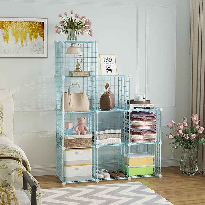 C&AHOME Wire Cube Storage, 9 - Cube Organizer Metal C Grids, Modular Shelves Units, Closet Organizer, Ideal for Home, Office, Living Room, 36.6”L x 12.4”W x 48.4”H, Blue UWCS3009B