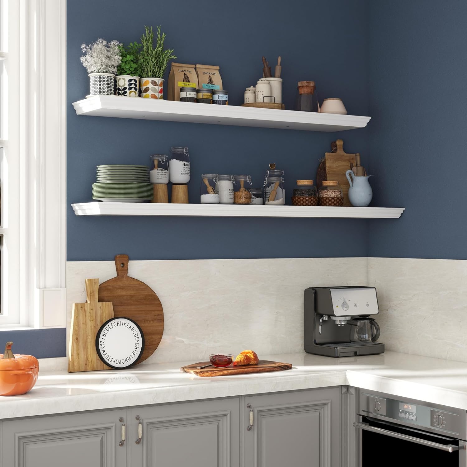 Floating Shelves for Wall, 48 Inch Long Wall Mounted White Hanging Shelf for Kitchen, Living Room, Office, Bedroom, Bathroom, Retro Vintage Wood Bookshelf for House Decor - NestledHome