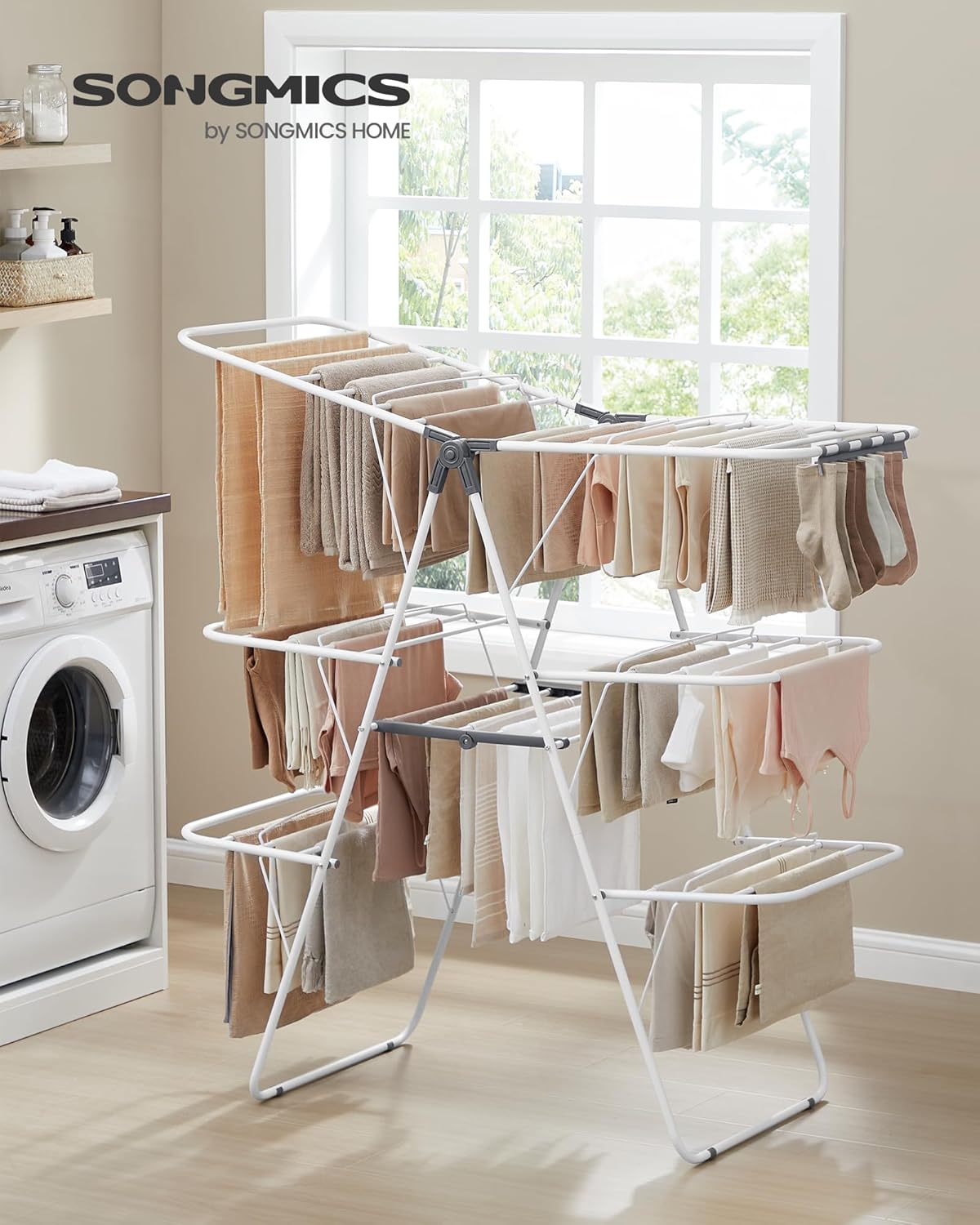 SONGMICS Clothes Drying Rack, Foldable 3-Level Laundry Rack, Free-Standing Large Drying Rack, with Height-Adjustable Wings, 39 Drying Rails, Sock Clips, White and Gray ULLR054W01 - NestledHome