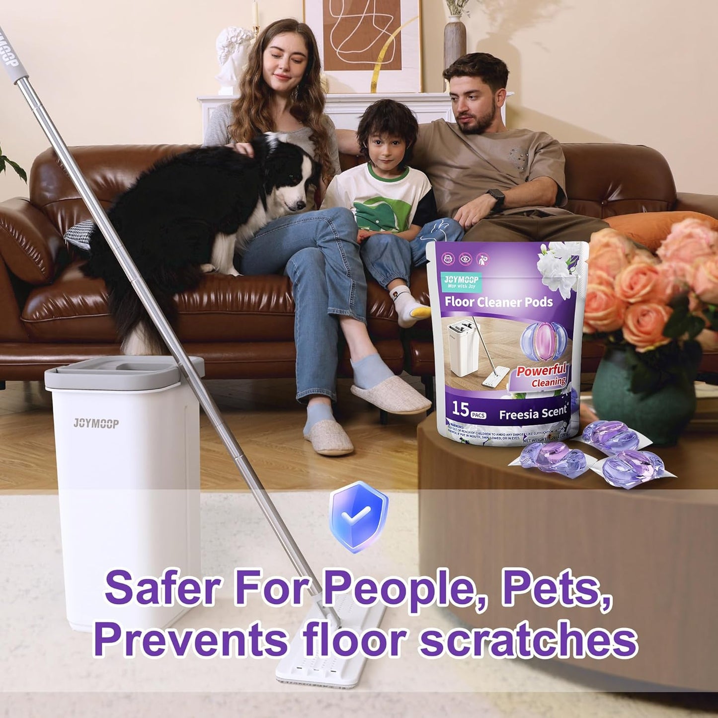 JOYMOOP Mop and Bucket with Wringer Set and Floor Cleaner Pods, Flat Floor Mop with 3 Reusable Microfiber Pads, Wet and Dry Use, Freesia Scent Pack of 15 Pacs for Floor Cleaning - NestledHome
