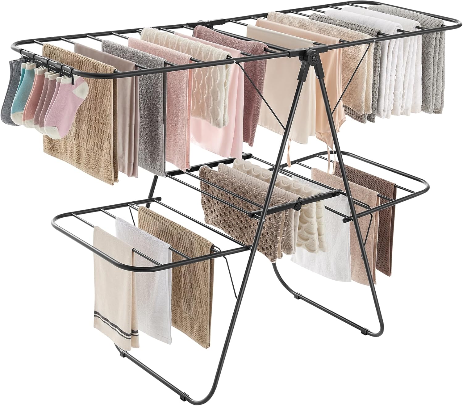 SONGMICS Clothes Drying Rack, Foldable 2-Level Laundry Drying Rack, Free-Standing Laundry Airer, with Height-Adjustable Wings, 33 Drying Rails, Sock Clips, Black ULLR053B01V1 - NestledHome