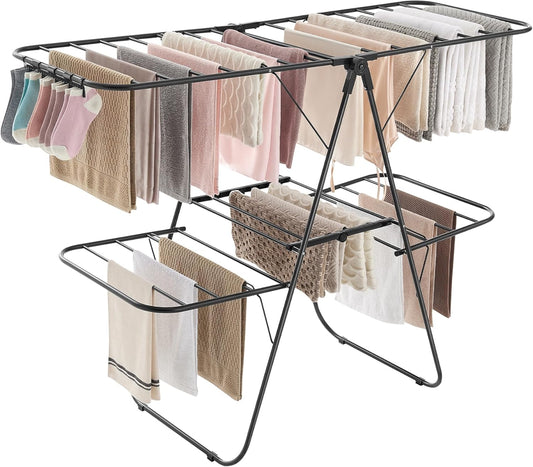 SONGMICS Clothes Drying Rack, Foldable 2-Level Laundry Drying Rack, Free-Standing Laundry Airer, with Height-Adjustable Wings, 33 Drying Rails, Sock Clips, Black ULLR053B01V1 - NestledHome