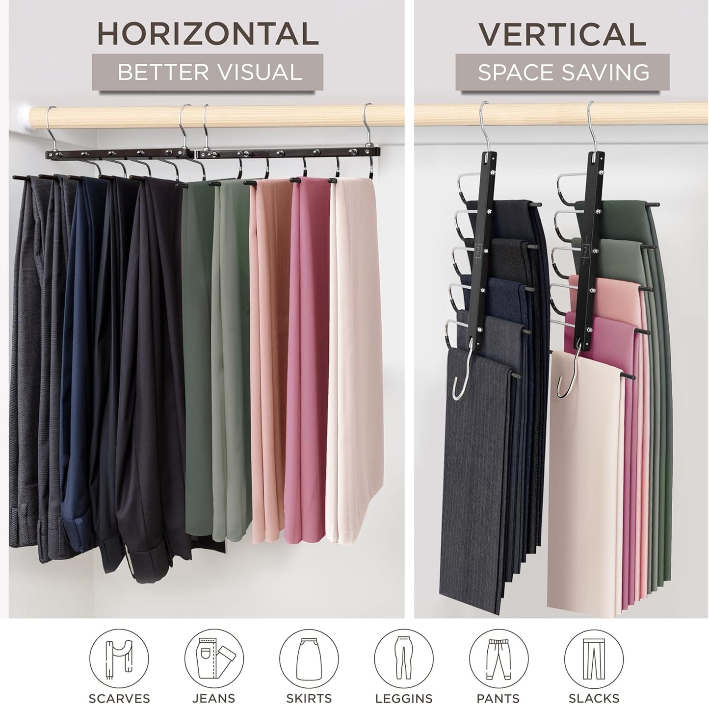 MORALVE Pants Hangers Space Saving - European Beechwood Scarf and Jean Hangers - Closet Organizer and Space Saver Pant Rack, Leggings Hanger, and Scarf Holder with 360° Swivel Hook (1 Pack) - NestledHome