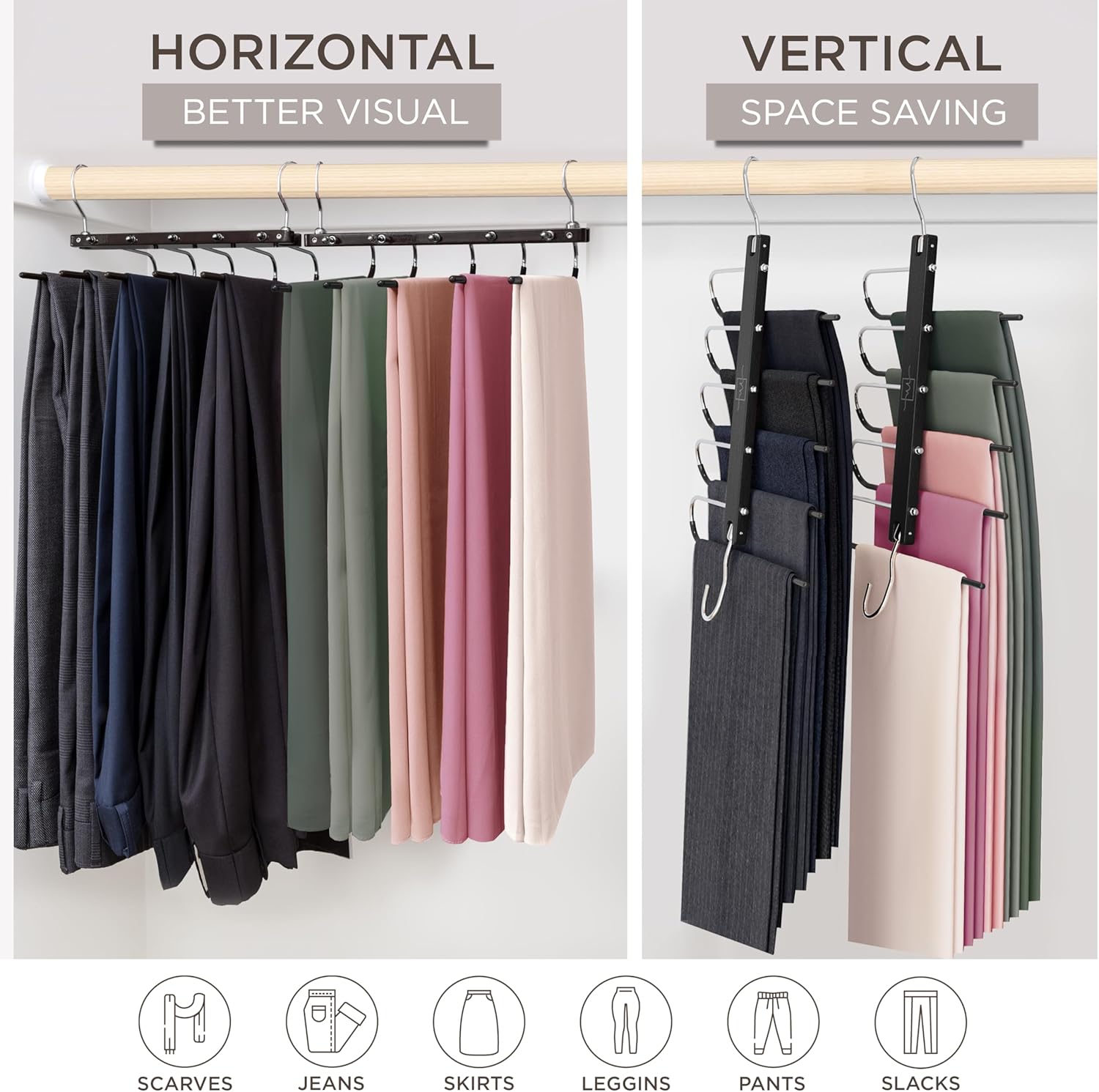 MORALVE Pants Hangers Space Saving - 2 Pack European Beechwood Scarf and Jean Hangers - Closet Organizer and Space Saver Pant Rack, Leggings Hanger, and Scarf Holder with 360° Swivel Hook - NestledHome