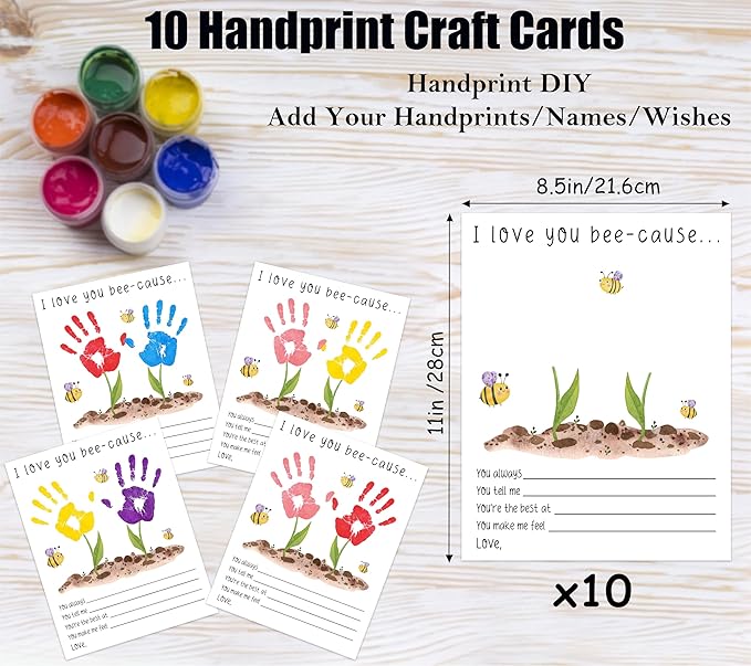 I Love You Bee-cause Handprint Keepsake Card Making Kit, 10 Funny Personalized Mothers Day Cards Bulk for Mom from Daughter or Son, Mothers Day Birthday Family Gifts for New Parents, Gifts for Grandma