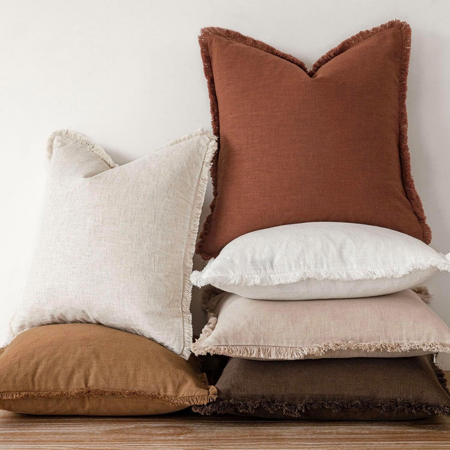 Foindtower Set of 2 Decorative Linen Fringe Throw Pillow Covers Boho Farmhouse Cushion Cover with Tassels Soft Accent Pillowcase for Couch Sofa Bed Living Room Home Decor,22×22 Inch,Orange Brown