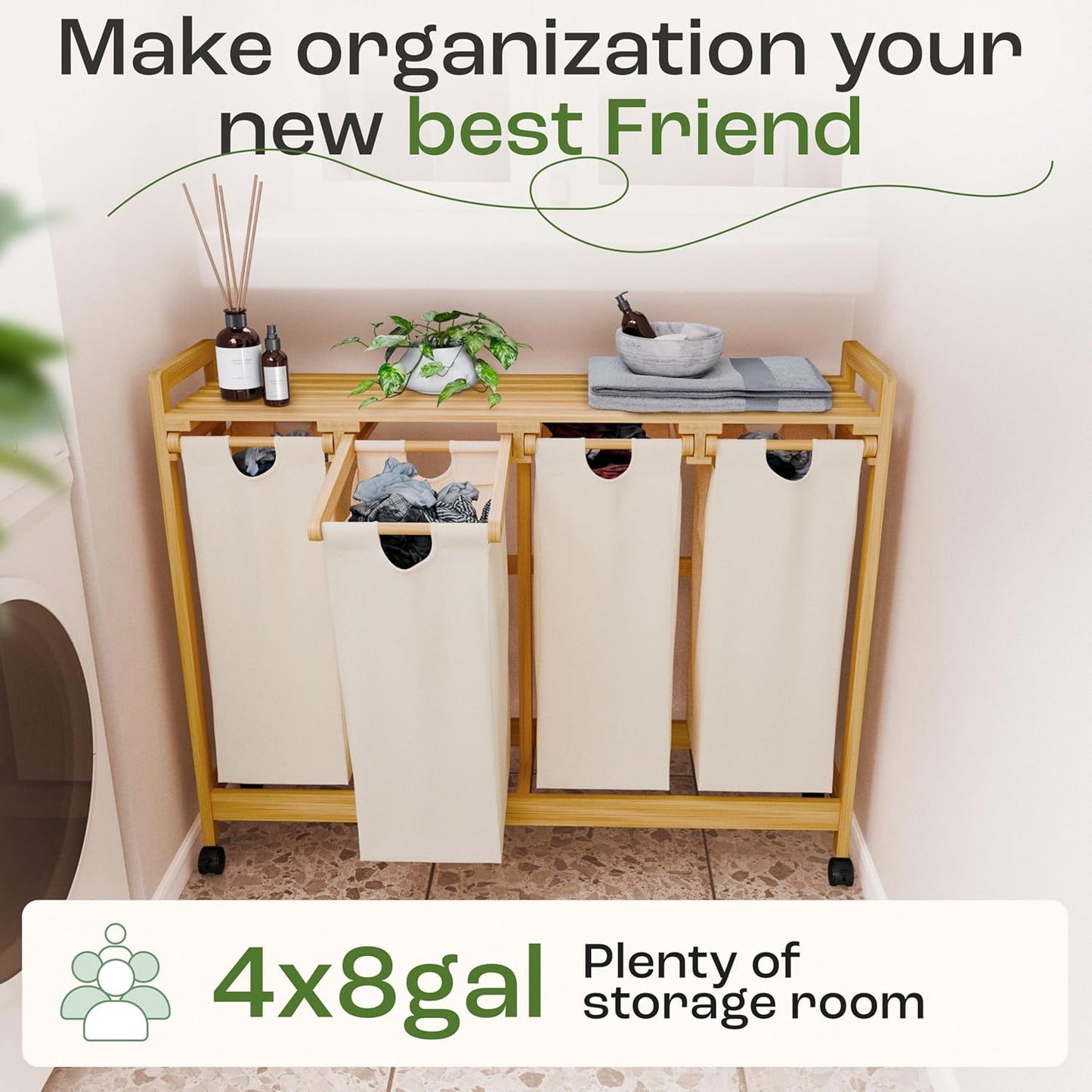 Laundry Sorter with 4 Sections beige, Hamper with Removable Cotton Bags & Wheels – Perfect Laundry Organizer - Eco-Friendly Rolling Laundry Basket – Durable Bamboo and Stylish Design - NestledHome