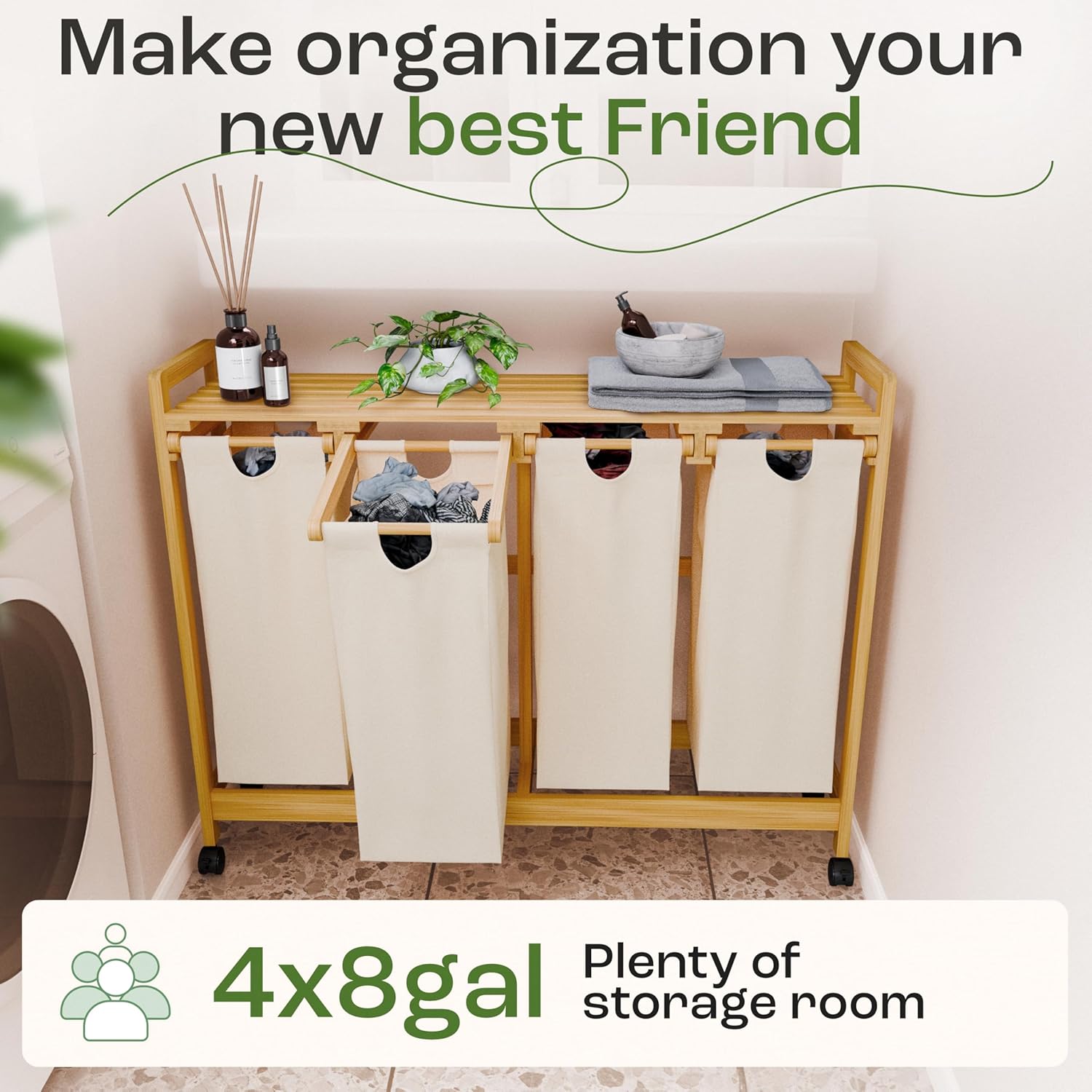 Laundry Sorter with 4 Sections beige, Hamper with Removable Cotton Bags & Wheels – Perfect Laundry Organizer - Eco-Friendly Rolling Laundry Basket – Durable Bamboo and Stylish Design - NestledHome