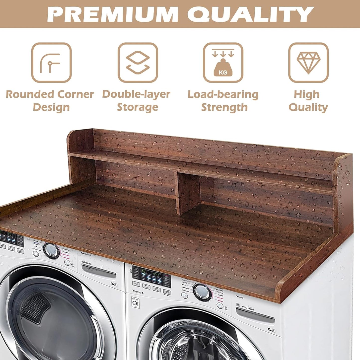 Royxen Laundry Countertop with 2-Tier Shelf Universal Fit, Washer and Dryer Countertop with Storage Space, Shelf Height 11.5 Inches, Walnut Color - NestledHome