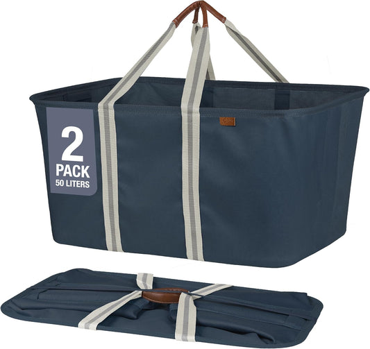CleverMade Collapsible Laundry Tote - LUXE Navy Noir Cream 2Pack 50L - Foldable Storage Organization Container Clothes Laundry Room Storage Solution - NestledHome