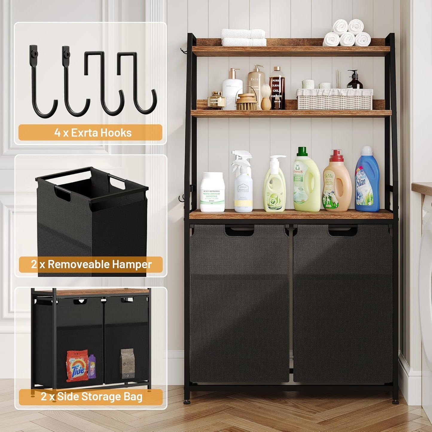 Lulive Double Laundry Hamper with Shelf, Laundry Basket with 3 Tier Storage Shelves & 4 Removable Hooks, Tall Laundry Sorter Clothes Hamper with Pull-Out Bags for Bathroom, Laundry Room - NestledHome