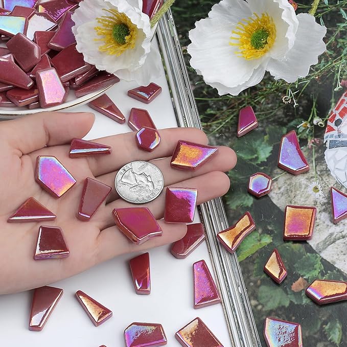 Youway Style Iridescent Glass Mosaic Tiles for Crafts Bulk,200g Red Broken Mosaic Glass Pieces for Garden Crafts Kits,DIY Mosaic Art Decor