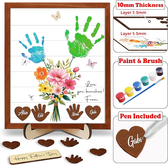 12" DIY Handprint Kit with Non-Toxic Paints, Mothers Day Father's Day Art Craft Family Keepsake Wooden Frame, Birthday Gifts for Mum, Daddy, Grandparents, Nana, Mimi from Daughter Son HF279