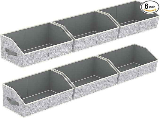 Storage Bins for Shelves - Large Trapezoid Closet Shelf Organizer, Fabric Organization Bins with Handles, Storage Baskets for Clothes, Towel, Purse, 6 Pack, Light Gray