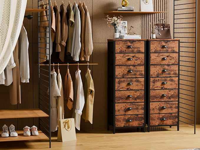 Furnulem Bedroom Dresser with 7 Drawers,Tall Industrial Fabric Chest of Drawers, Vertical Storage Tower Bedside Furniture in Living Room,Closet,Entryway-Sturdy Steel Frame(Rustic Brown)