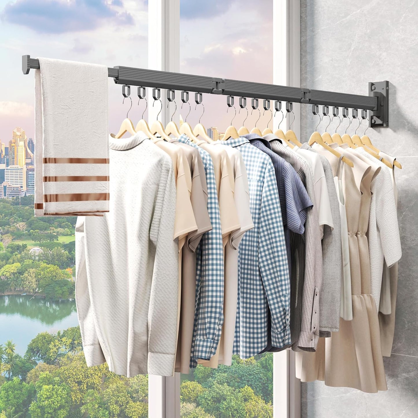 Grey Color Laundry Rack - Wall Mounted, Collapsible Clothes Drying Rack With Loop-type Hooks - NestledHome