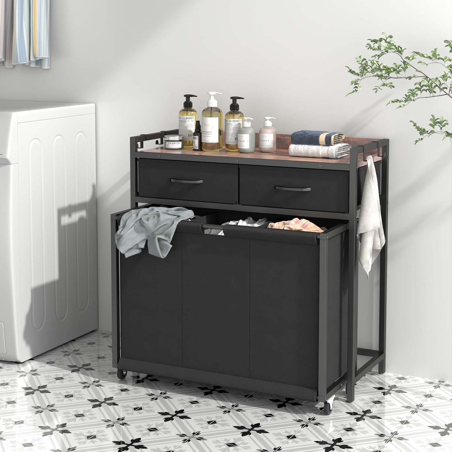 Laundry Hamper Laundry Basket with 3 Section Pull-Out Rolling Bags, Laundry Sorter for Organization and Storage with 2 Pull-Out Drawers for Laundry Room, Bathroom, Bedroom Use (Rustic Brown) - NestledHome