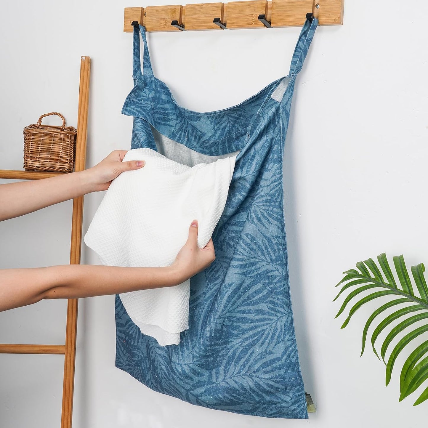 Linen Hanging Laundry Bag, 100% Linen Leaf Print Over The Door Laundry Hamper with Buttons and Zipper, Space Saving Door Hampers for Laundry Dirty Clothes Home Travel, Blue, 19.7x27.5inches - NestledHome