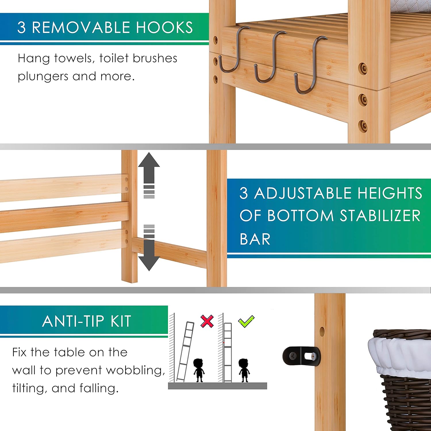 SMIBUY Bathroom Storage Shelf, Bamboo Over-The-Toilet Organizer Rack, Freestanding Toilet Space Saver with 3-Tier Adjustable Shelves (Natural) - NestledHome