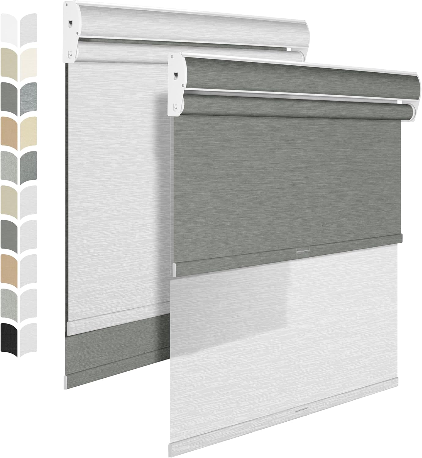 BERISSA Cordless Dual Roller Shades with Cassette Valance, Double Window Shades - Blackout and Light Filtering, Day and Night for Home Office Door. Grey and White. 48 W x 64" H