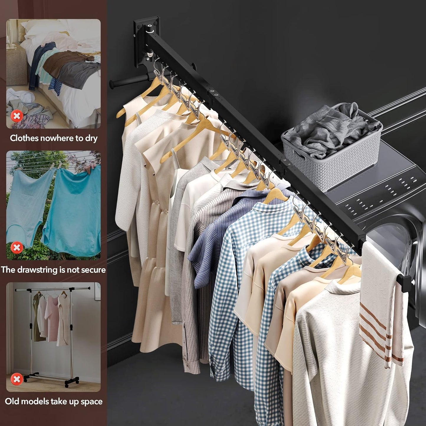 Wall Mounted Clothes Hanger, Aluminum Clothes Drying Rack, Space Saver, Retractable, Windproof Holes, with Clips - NestledHome