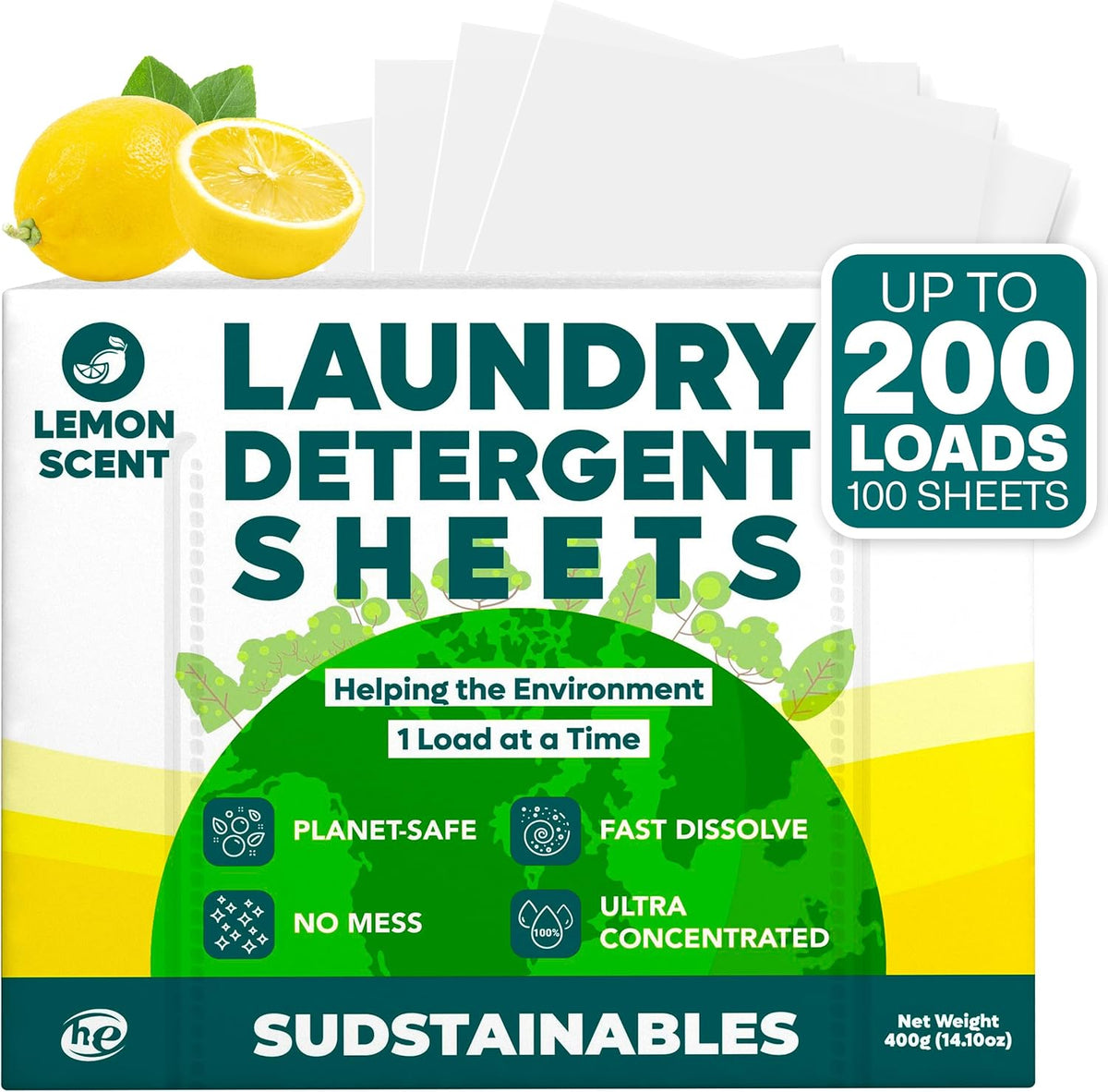 Sudstainables Laundry Detergent Sheets (200 Loads) – Eco-Friendly, Zero Waste, Plastic-Free Laundry Washing Machines Soap Sheets; Dissolvable, Space-Saving Strips for Travel (Lemon) - NestledHome