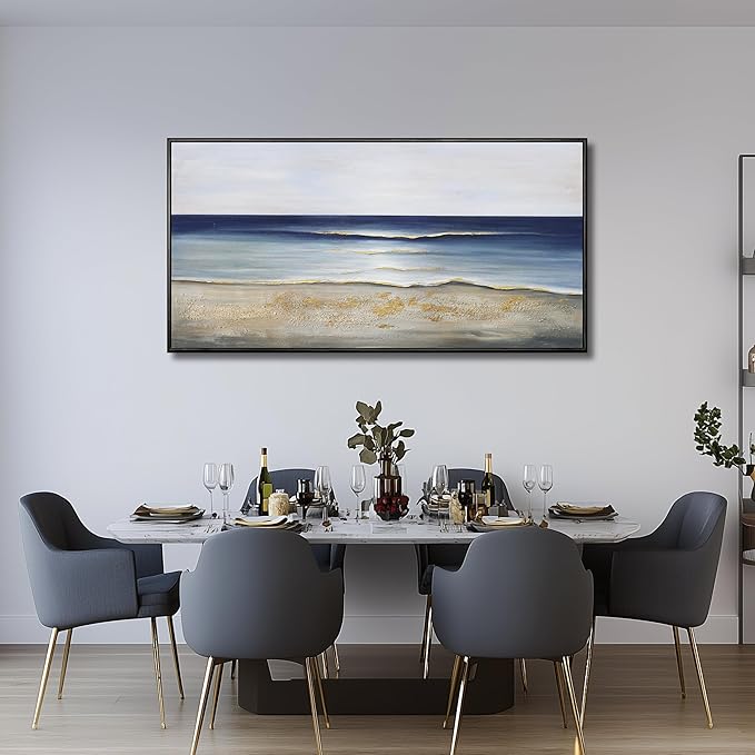 Yuaxker Ocean Wall Art Blue and White Wall Decor Framed Aesthetic Artwork Wall Hanging Canvas Painting for Living Room Bedroom Dining Room Office Home Decor 24x48 Inch